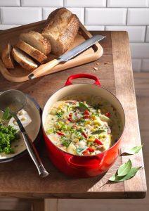 Le Creuset French Oven Recipe: Chowder Recipe with Chunky Smoked Bacon, Potato, Sweet Corn and Red Pepper