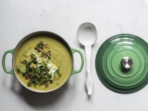 Pea and Zucchini Soup with Yoghurt & Minted Almond Salsa